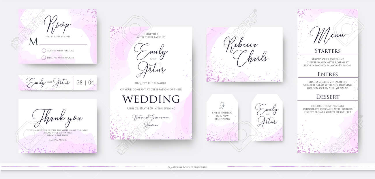 Wedding invite thank you, rsvp menu card design set with abstract watercolor decoration in light tender dusty pinkm rosy and violet color on white background. Vector trendy modern romantic art layout - 95160897 Wedding invite thank you, rsvp menu card design set with abstract watercolor decoration in light tender dusty pinkm rosy and violet color on white background. Vector trendy modern romantic art layout - 95160897