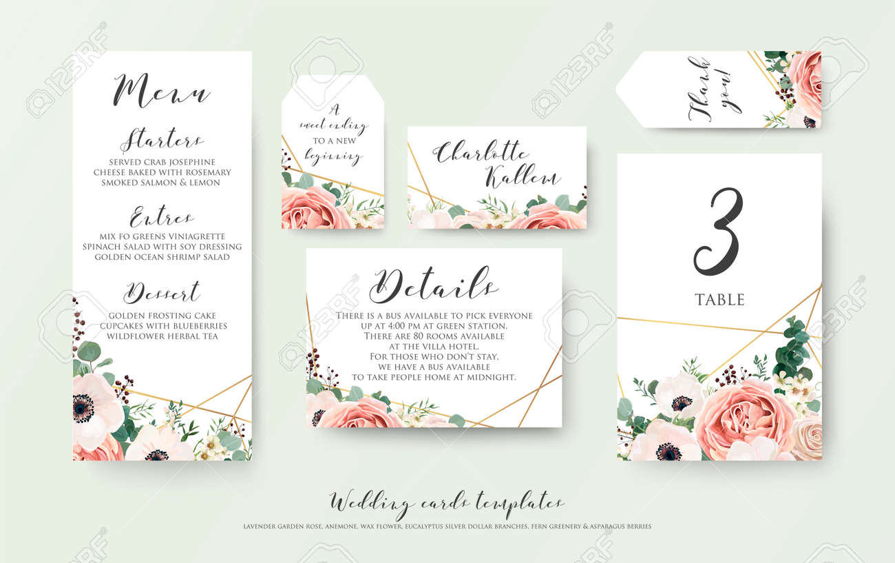 Wedding menu, information, label, table number and place card design with elegant lavender pink garden rose, anemone, wax flowers eucalyptus branches, leaves & cute golden pattern. Vector template set - 95558977 Wedding menu, information, label, table number and place card design with elegant lavender pink garden rose, anemone, wax flowers eucalyptus branches, leaves & cute golden pattern. Vector template set - 95558977