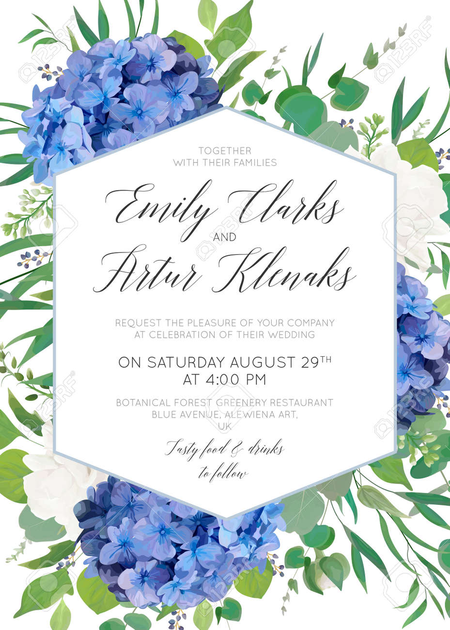 Wedding floral invite, save the date card design with elegant blue violet hydrangea flowers, white garden roses, eucalyptus green branches, greenery leaves, geometrical frame. Delicate cute template - 97147791 Wedding floral invite, save the date card design with elegant blue violet hydrangea flowers, white garden roses, eucalyptus green branches, greenery leaves, geometrical frame. Delicate cute template - 97147791