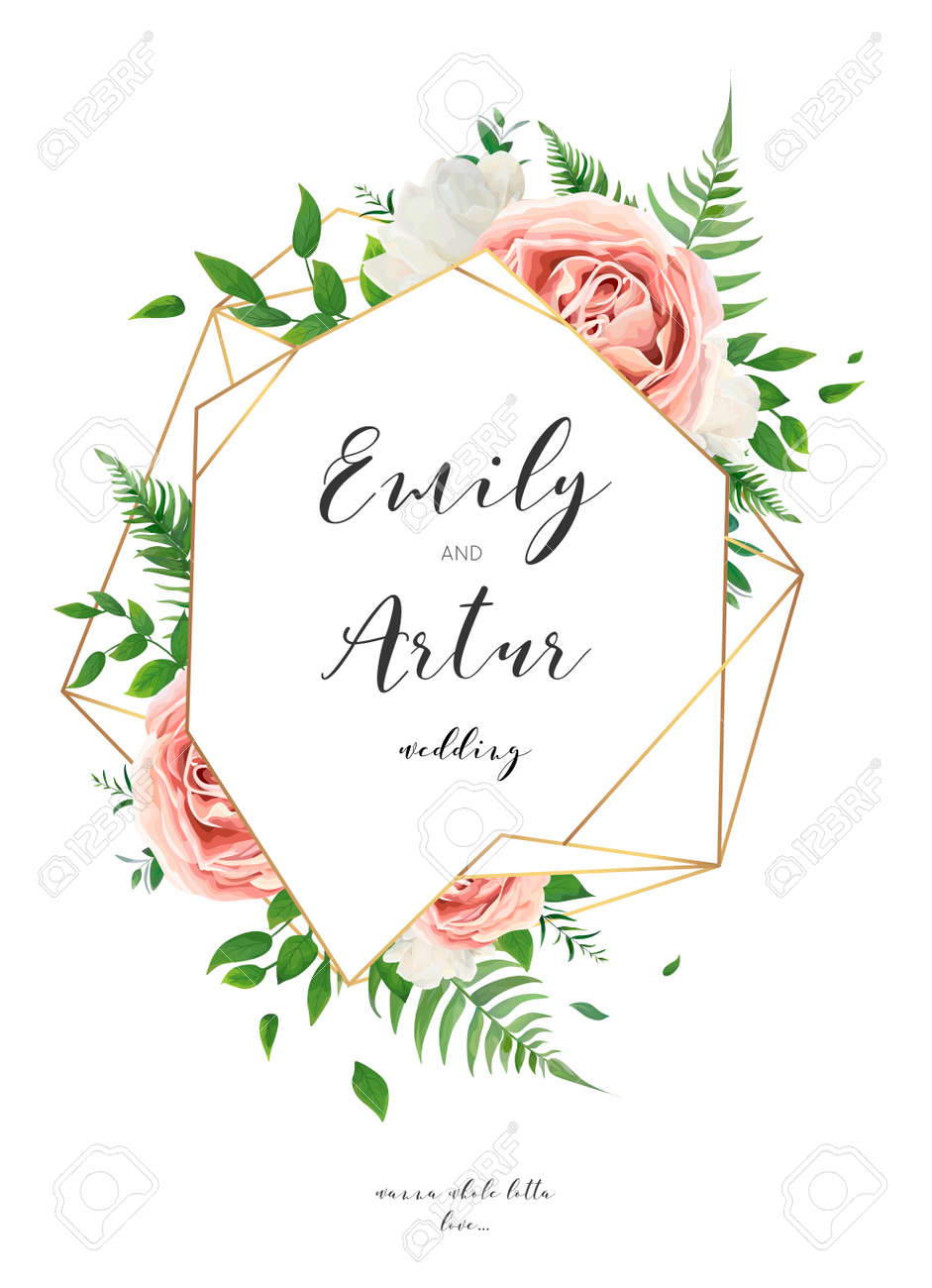 Wedding invitation, floral invite card design with creamy white garden peony flowers, blush pink roses, green leaves, greenery fern and golden geometrical frame decoration. Vector elegant illustration - 102514154 Wedding invitation, floral invite card design with creamy white garden peony flowers, blush pink roses, green leaves, greenery fern and golden geometrical frame decoration. Vector elegant illustration - 102514154