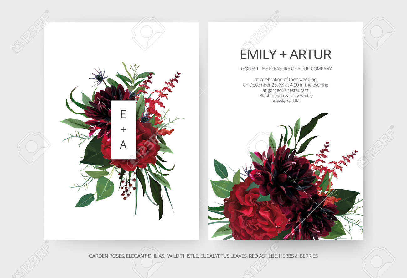 Modern Minimalist Wedding Invite Cards Editable Template Set. Burgundy  Dahlia Flowers, Elegant Red Garden Rose, Greenery Eucalyptus Leaves  Bouquet, Berries, Thistle Decoration. Vector Art Illustration Royalty Free  SVG, Cliparts, Vectors, and Stock, image size:1300x887