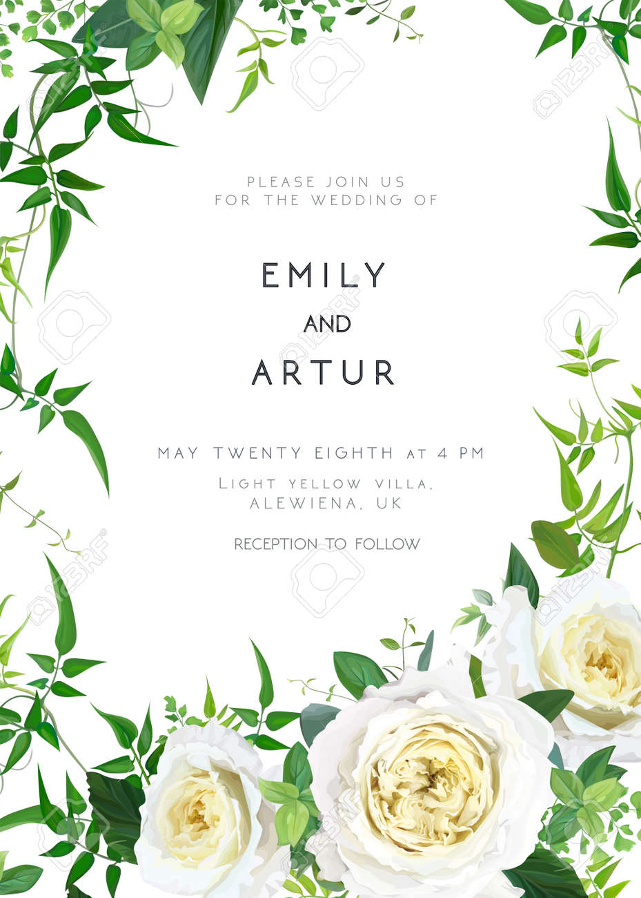 Trendy, greenery wedding floral vector invite, holiday invitation card. Light yellow garden roses flowers, tender smilax greenery leaves, vines, herbs, plants bouquet. Decorative frame, natural border - 166250017 Trendy, greenery wedding floral vector invite, holiday invitation card. Light yellow garden roses flowers, tender smilax greenery leaves, vines, herbs, plants bouquet. Decorative frame, natural border - 166250017