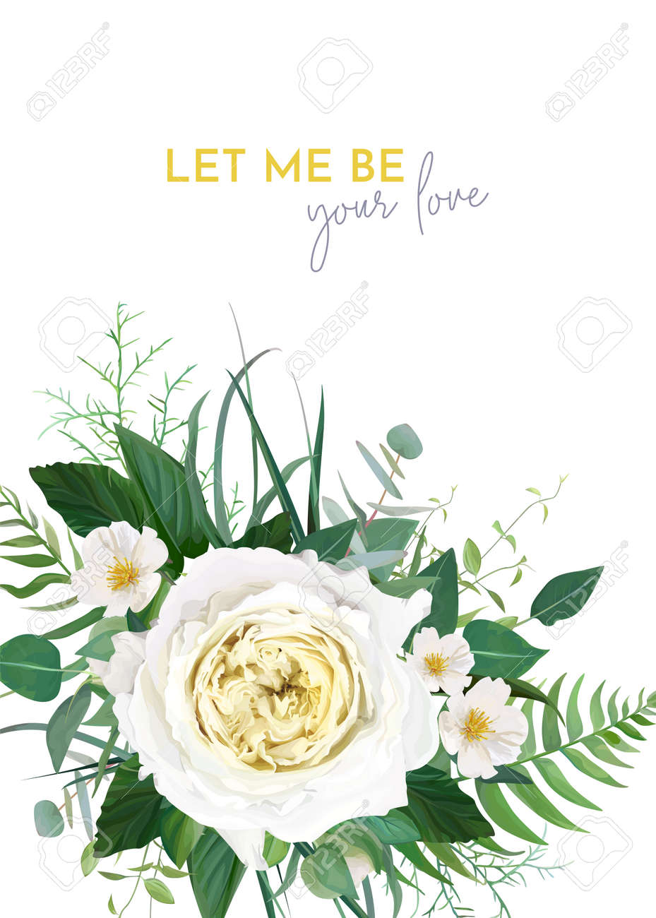 Stylish trendy vector floral wedding invite, save the date card, greeting, poster, banner template design. Yellow rose, white camellia flower, greenery, fern leaf, green eucalyptus branches decoration - 167304699 Stylish trendy vector floral wedding invite, save the date card, greeting, poster, banner template design. Yellow rose, white camellia flower, greenery, fern leaf, green eucalyptus branches decoration - 167304699