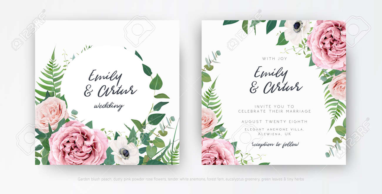 Stylish elegant vector floral watercolor wedding invite, greeting card, save the date template set. Dusty pink, mauve rose, white anemone flowers, eucalyptus leaves, greenery, green fern wreath, frame - 167430981 Stylish elegant vector floral watercolor wedding invite, greeting card, save the date template set. Dusty pink, mauve rose, white anemone flowers, eucalyptus leaves, greenery, green fern wreath, frame - 167430981