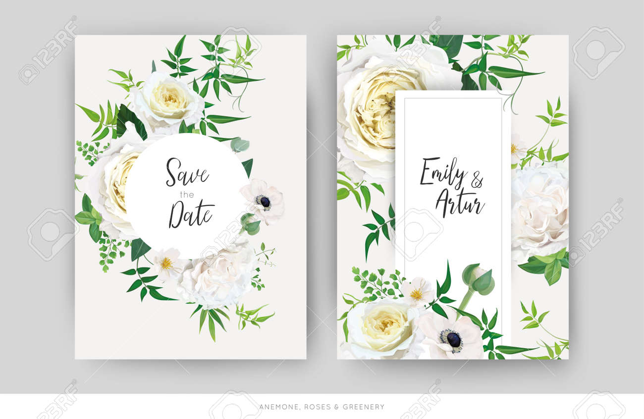 Tender floral vector wedding invite, save the date card template design set. Elegant editable watercolor bouquet illustration. Trendy yellow white roses, anemone flower, green jasmine vine, greenery. - 170234870 Tender floral vector wedding invite, save the date card template design set. Elegant editable watercolor bouquet illustration. Trendy yellow white roses, anemone flower, green jasmine vine, greenery. - 170234870