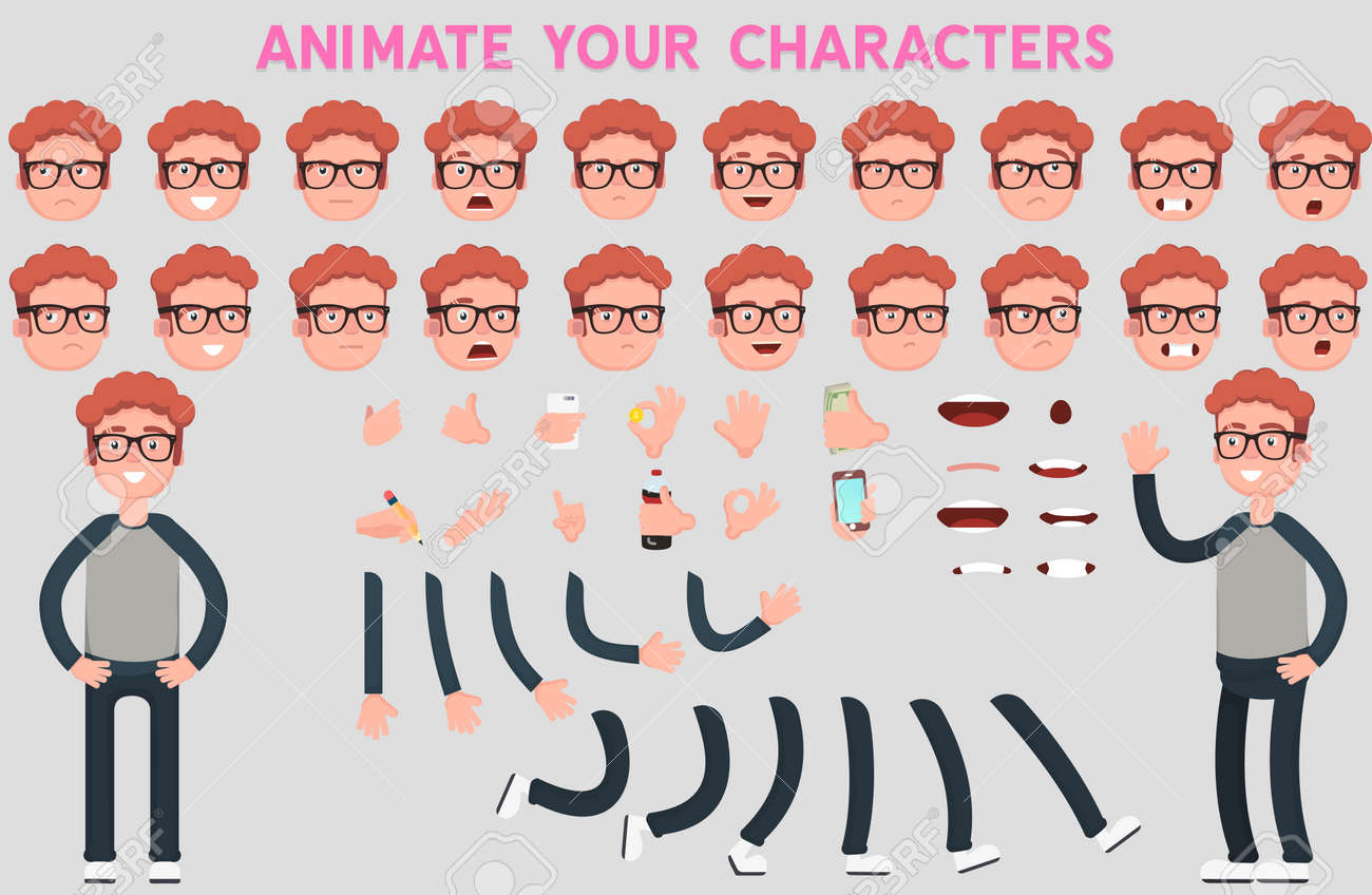 あなたのシーンのためのフラットベクトルガイキャラクター 様々なビュー 顔の感情 リップシンクとポーズで設定されたキャラクター作成 デザイン作業とアニメーション用のボディ テンプレートの一部 フラットデザインのベクトルイラスト のイラスト素材 ベクタ