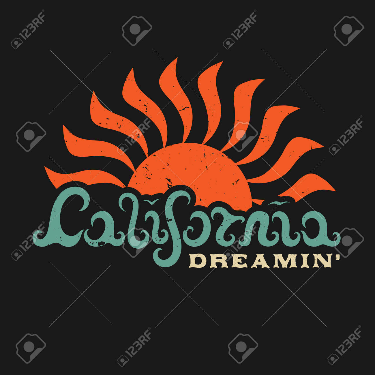 夢のカリフォルニア 手は カリフォルニア州では 波の形を文字しました デザイン ファッション アパレル織り目加工の印刷しています T シャツ グラフィック ヴィンテージ グランジ ベクトル イラスト バッジ ラベル ロゴ テンプレート のイラスト素材 ベクタ