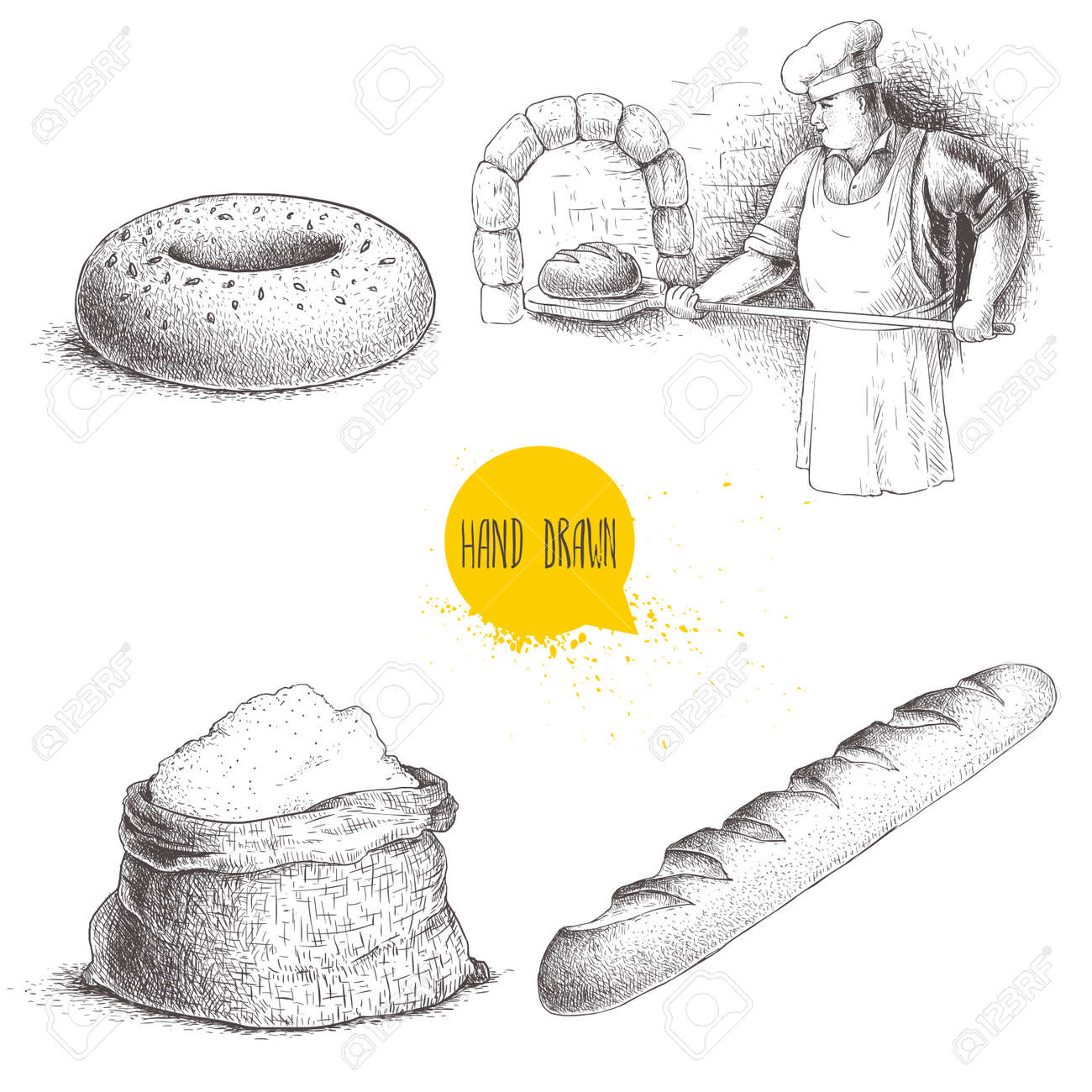 手描きのセットのパン屋さんのイラスト 石窯で焼きたてのパンを作るパン屋 胡麻ベーグル 焼きたてのバゲットと小麦粉袋します ベクトルは 分離の白い背景を設定します のイラスト素材 ベクタ Image 7794