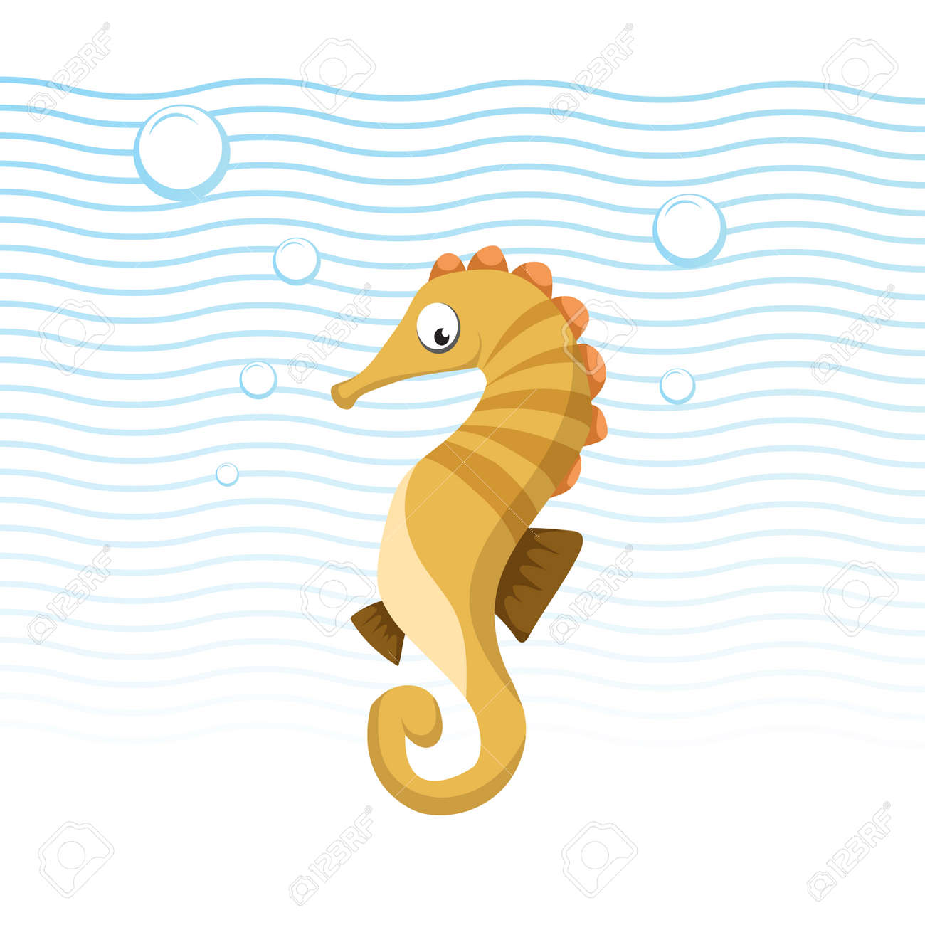 Banque d images Hippocampe de dessin animé branché nager sous l eau Design plat de l éducation des enfants Vagues bleues et bulles Ic´ne de vecteur