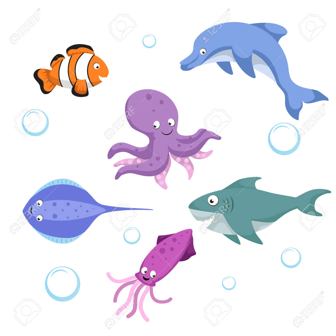 ベクトル漫画別海や海洋動物を設定します ベクトル図を分離しました Clownl 魚 タコ エイ サメ イルカ イカ のイラスト素材 ベクタ Image