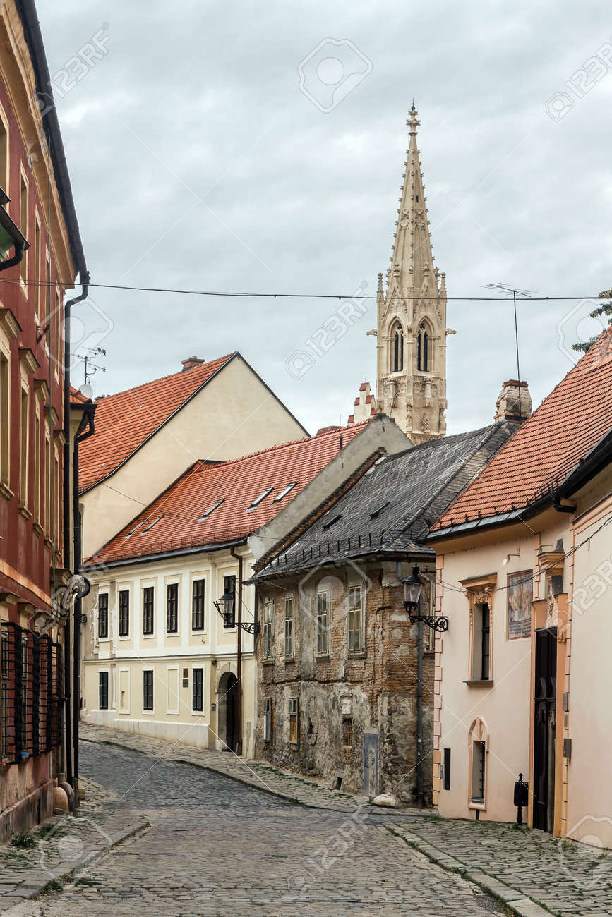 Old European Small Street Among Historic Buildings With Red Roofs ...