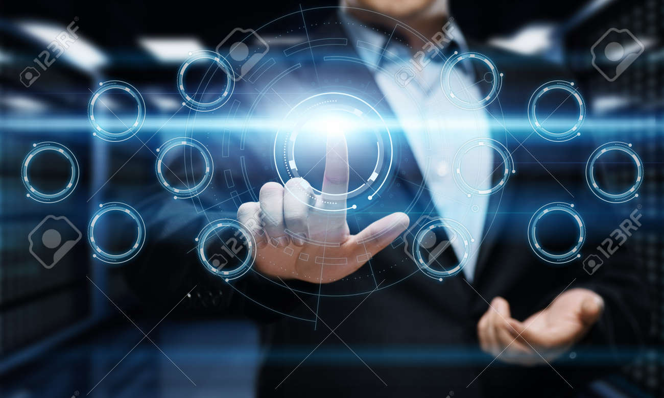 businessman pressing button on