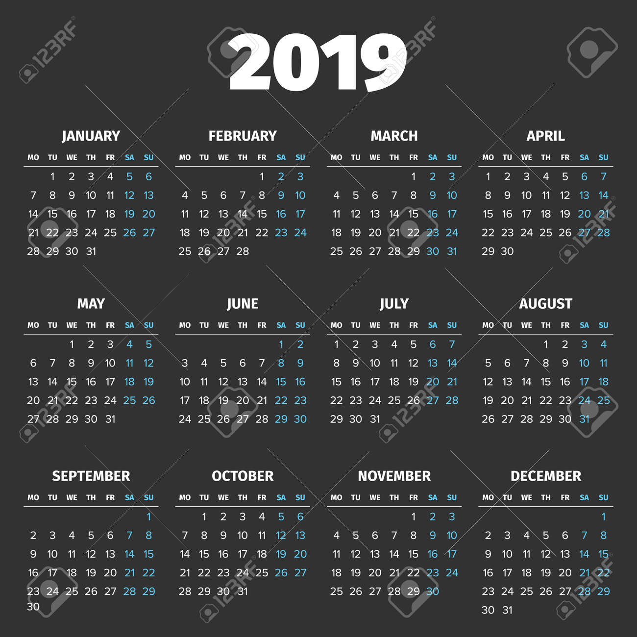 単純な 19 年のカレンダー 週の開始日 月曜日 のイラスト素材 ベクタ Image