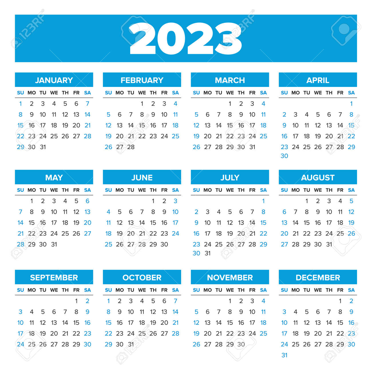 Calendrier De L Annee 2023 Simple 2023 Calendrier De L'année, La Semaine Commence Le Dimanche Clip Art  Libres De Droits , Vecteurs Et Illustration. Image 68423372.