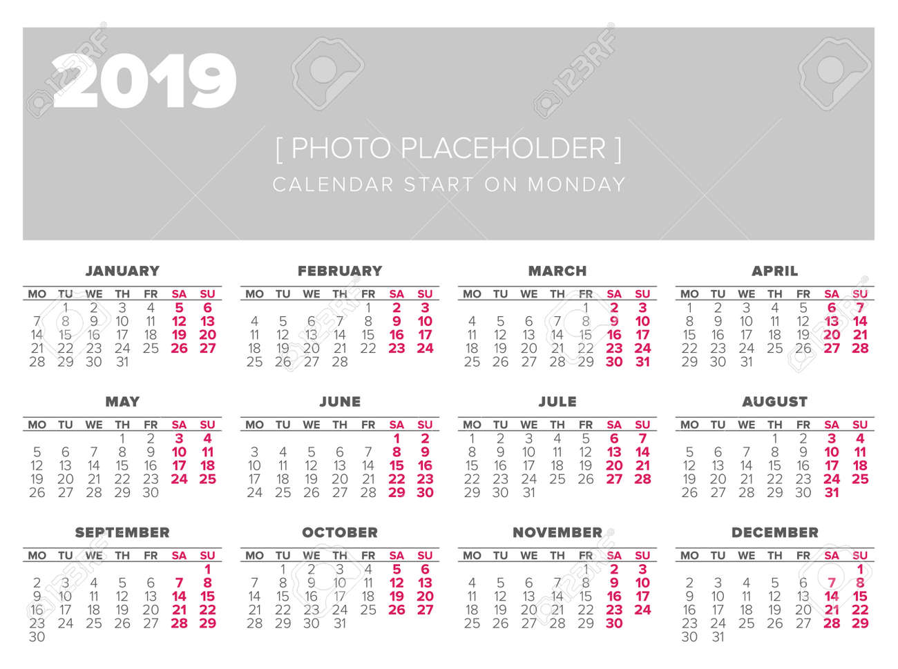 calendar 2019 year design template start on monday royalty free monday start calendar 2019
