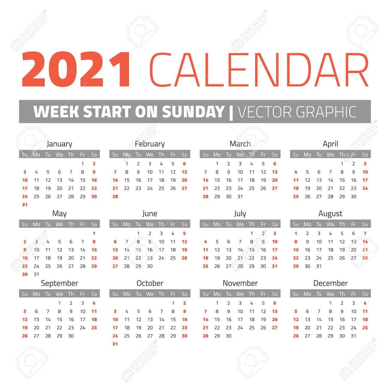 2021 calendar week starting sunday Simple 2021 Year Calendar Week Starts On Sunday Royalty Free Cliparts Vectors And Stock Illustration Image 83952292 2021 calendar week starting sunday