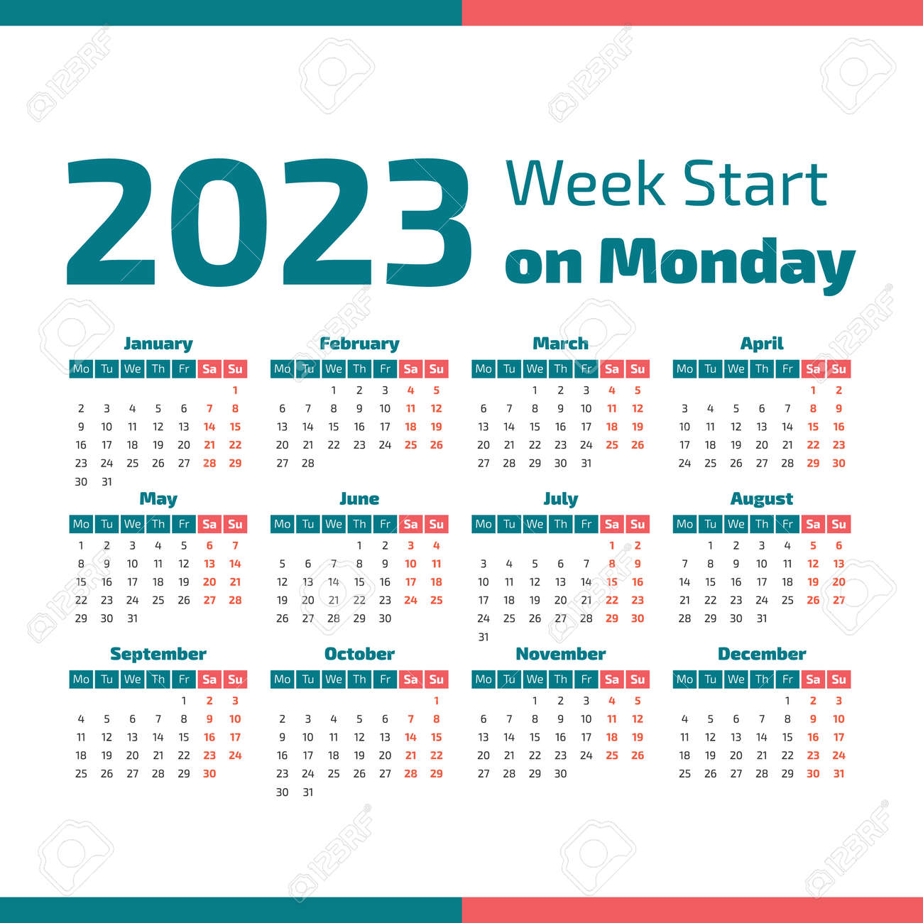 2023 Calendar Start Monday Simple 2023 Year Calendar Week Starts On Monday Stock Photo Picture And Royalty Free Image Image 101117835