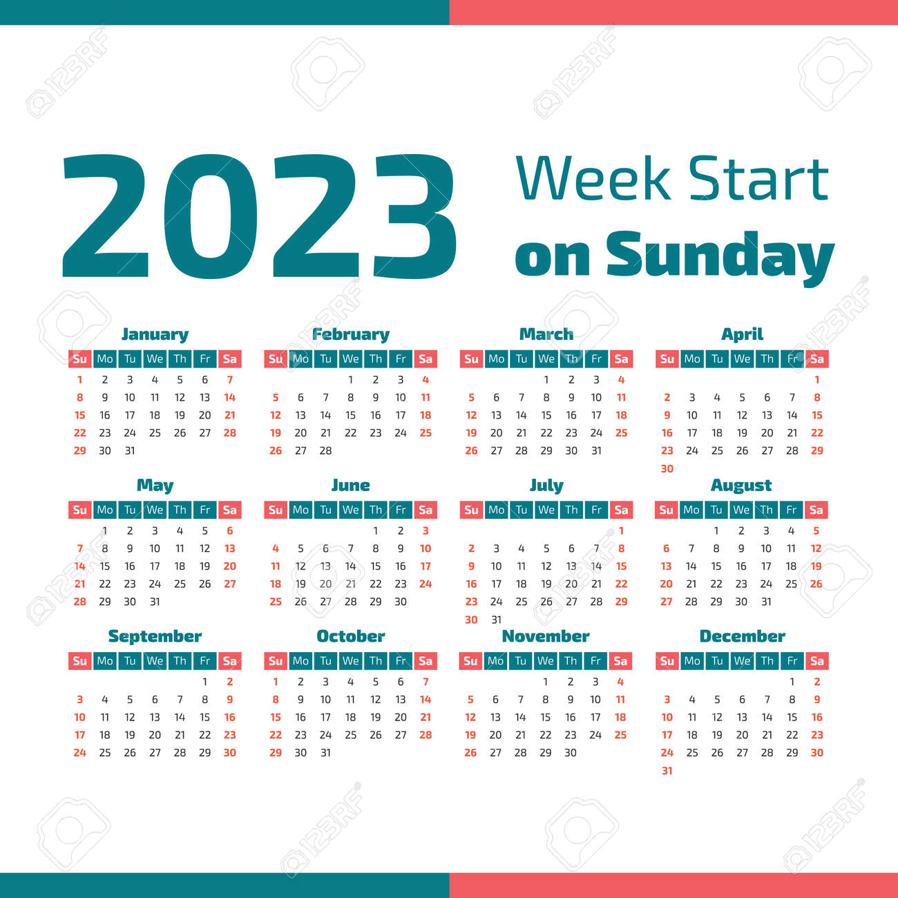 Calendrier 2023 Avec V Simple 2023 Year Calendar, Week Starts On Sunday Royalty Free Cliparts,  Vectors, And Stock Illustration. Image 100870319.