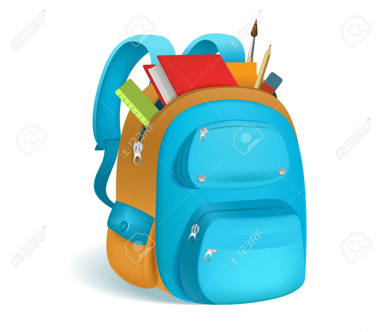 Colorful schoolbag with school supplies. 3d backpack with zippers isolated on white background. Vector illustration. Eps 10. - 83181512 Colorful schoolbag with school supplies. 3d backpack with zippers isolated on white background. Vector illustration. Eps 10. - 83181512