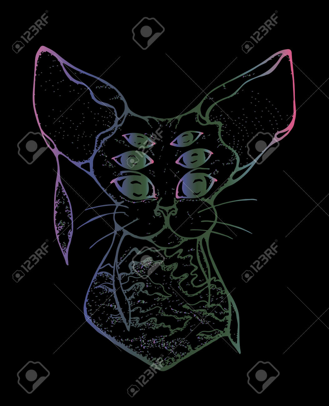 3 組目の持つサイケデリックな猫のイラスト カラフルな猫は黒い背景に和風の波で飾られて のイラスト素材 ベクタ Image