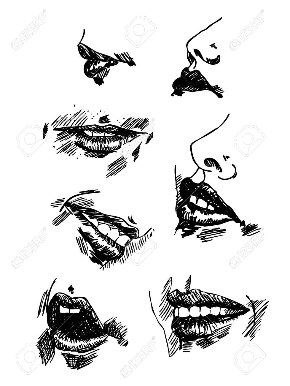 Set Pencil Drawing Lips Realistic Sketch Vector