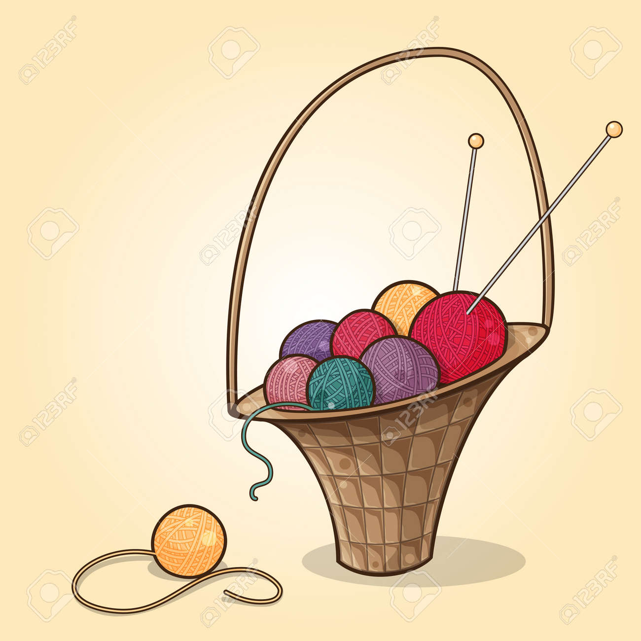 Cartoon illustration of the basket with yarn balls of different colors - 15120199 Cartoon illustration of the basket with yarn balls of different colors - 15120199