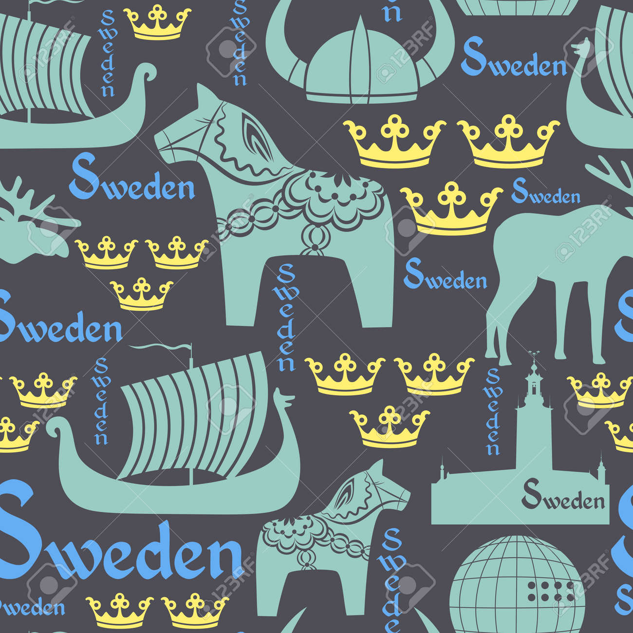 seamless pattern with national symbols of Sweden on the blue background - 16456290 seamless pattern with national symbols of Sweden on the blue background - 16456290