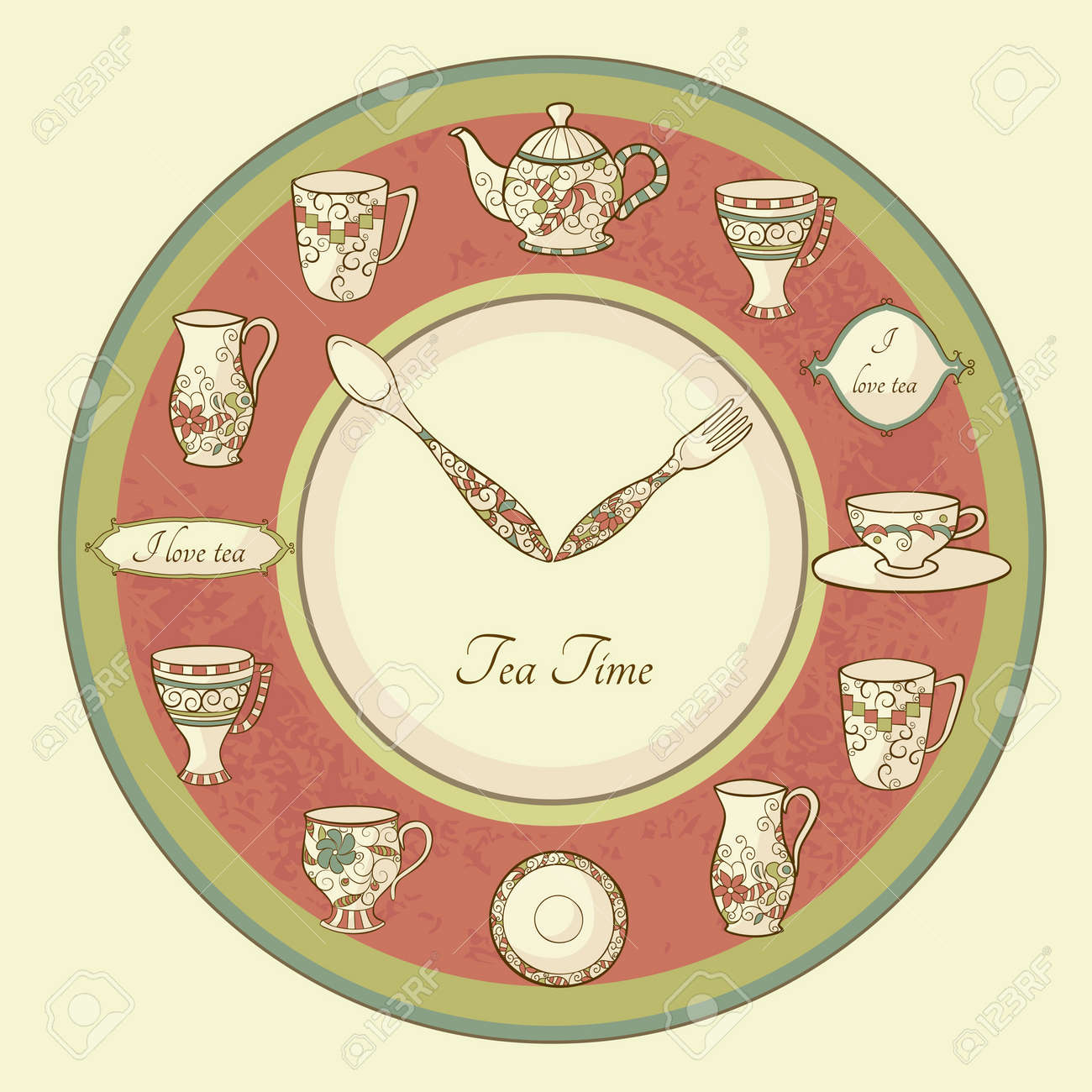 Vintage illustration of clock with teapot and cups and text Tea Time - 17215586 Vintage illustration of clock with teapot and cups and text Tea Time - 17215586