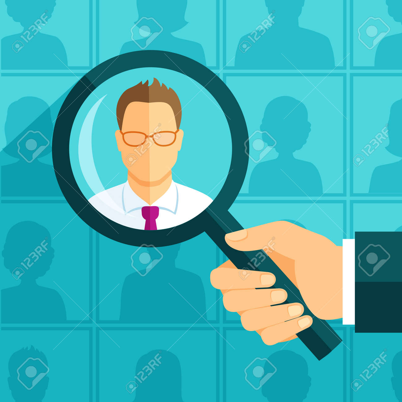 Hand with magnifying glass focused on a person - 33630228 Hand with magnifying glass focused on a person - 33630228