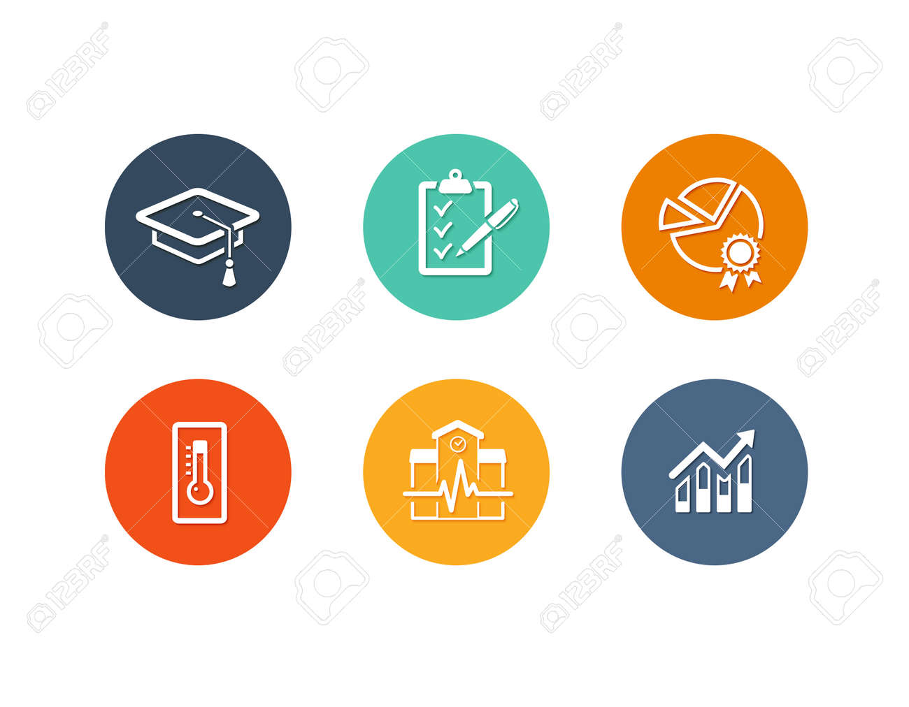 Vector set of flat icons for academy or school education such as exam, graduation and quality assurance and statistics - 47528446 Vector set of flat icons for academy or school education such as exam, graduation and quality assurance and statistics - 47528446