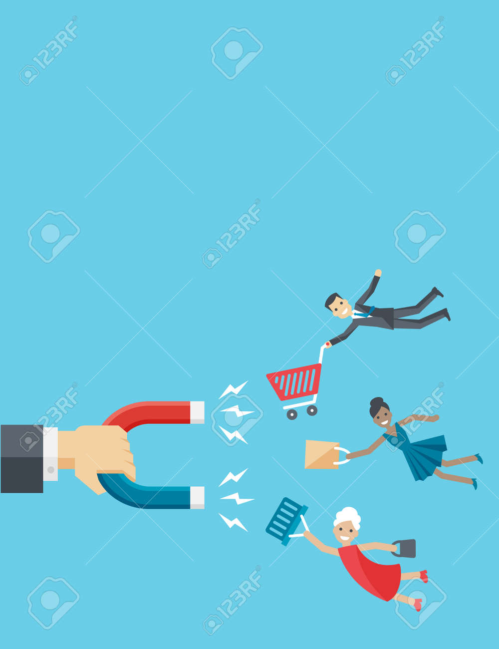 Vector illustration of business vertical background in flat style. The hand of businessman holds magnet attracting happy customers or clients like man, woman and senior. - 51621999 Vector illustration of business vertical background in flat style. The hand of businessman holds magnet attracting happy customers or clients like man, woman and senior. - 51621999