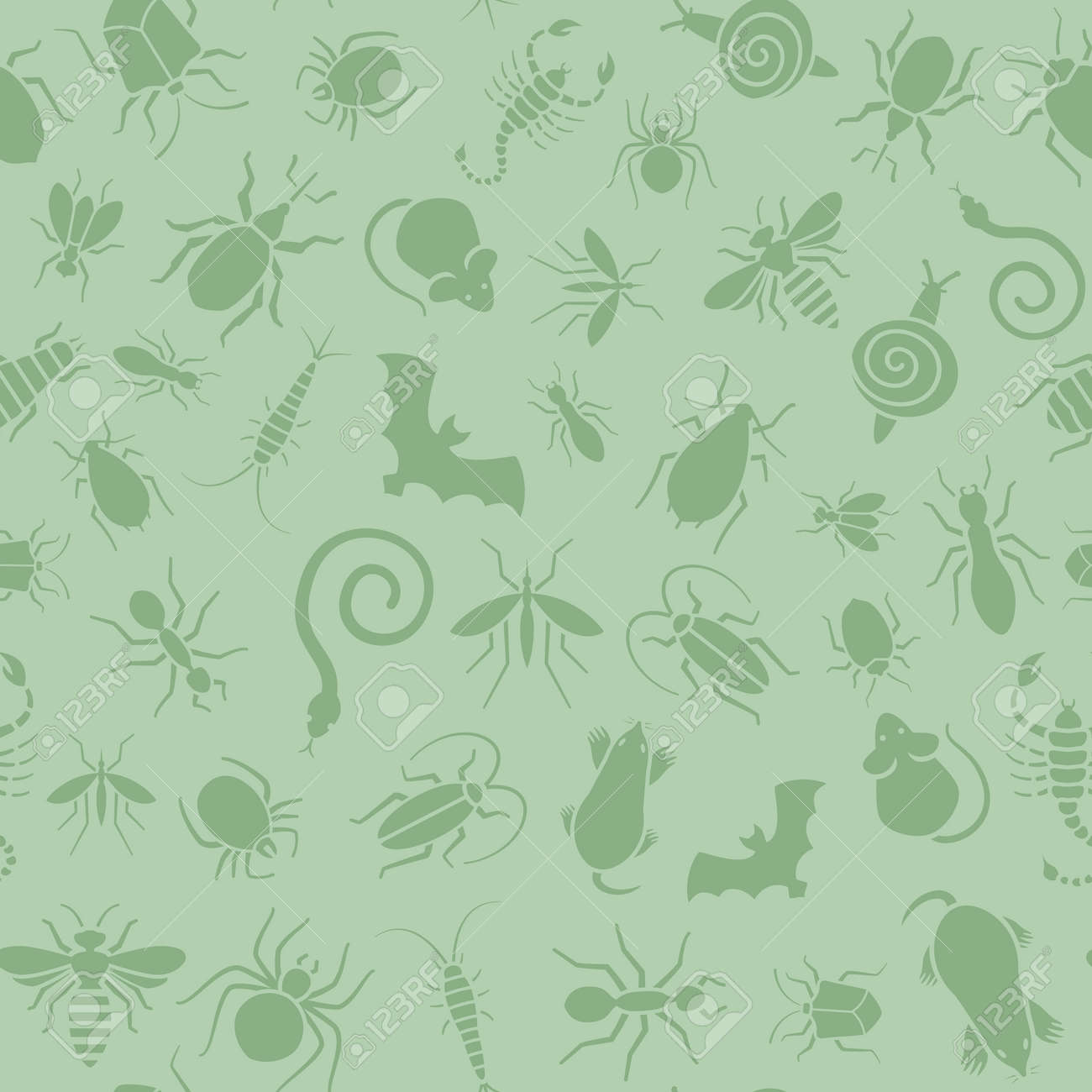 Vector green seamless pattern or background for website of different insects like scorpions, bed bugs and termites for pest control companies. Included some animals like bats, moles, mice and snakes. - 53434569 Vector green seamless pattern or background for website of different insects like scorpions, bed bugs and termites for pest control companies. Included some animals like bats, moles, mice and snakes. - 53434569