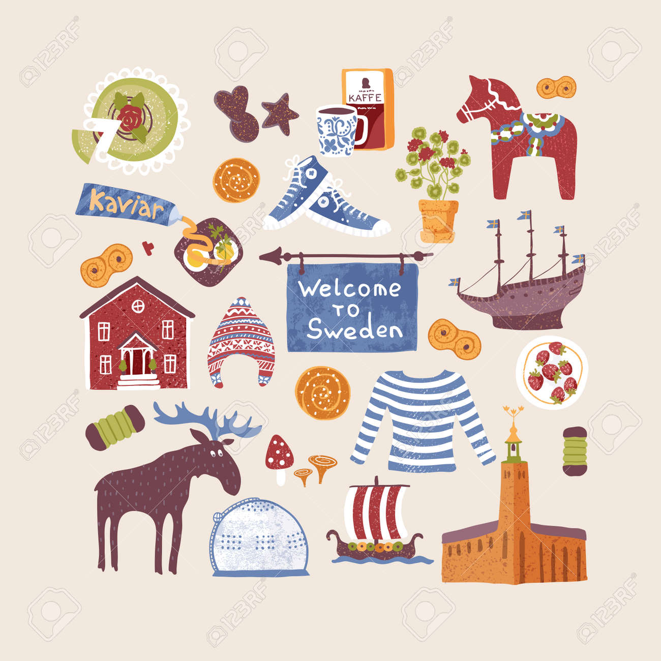 Set With Hand Drawn Art Design Elements Of Symbols Of Sweden Royalty Free Cliparts Vectors And Stock Illustration Image