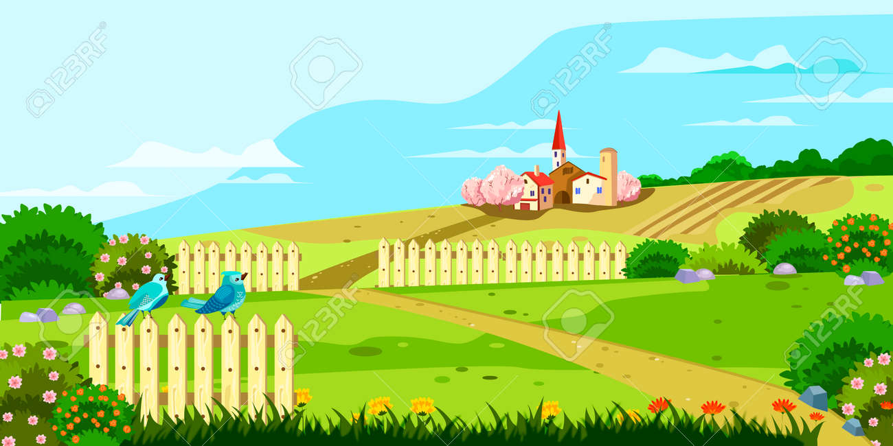 Horizontal rural landscape with hills, fences, footpath, birds, flowers, houses and blooming bushes. Spring garden with lawns in cartoon style. Village background for banners, posters, advertisements. - 139837345 Horizontal rural landscape with hills, fences, footpath, birds, flowers, houses and blooming bushes. Spring garden with lawns in cartoon style. Village background for banners, posters, advertisements. - 139837345