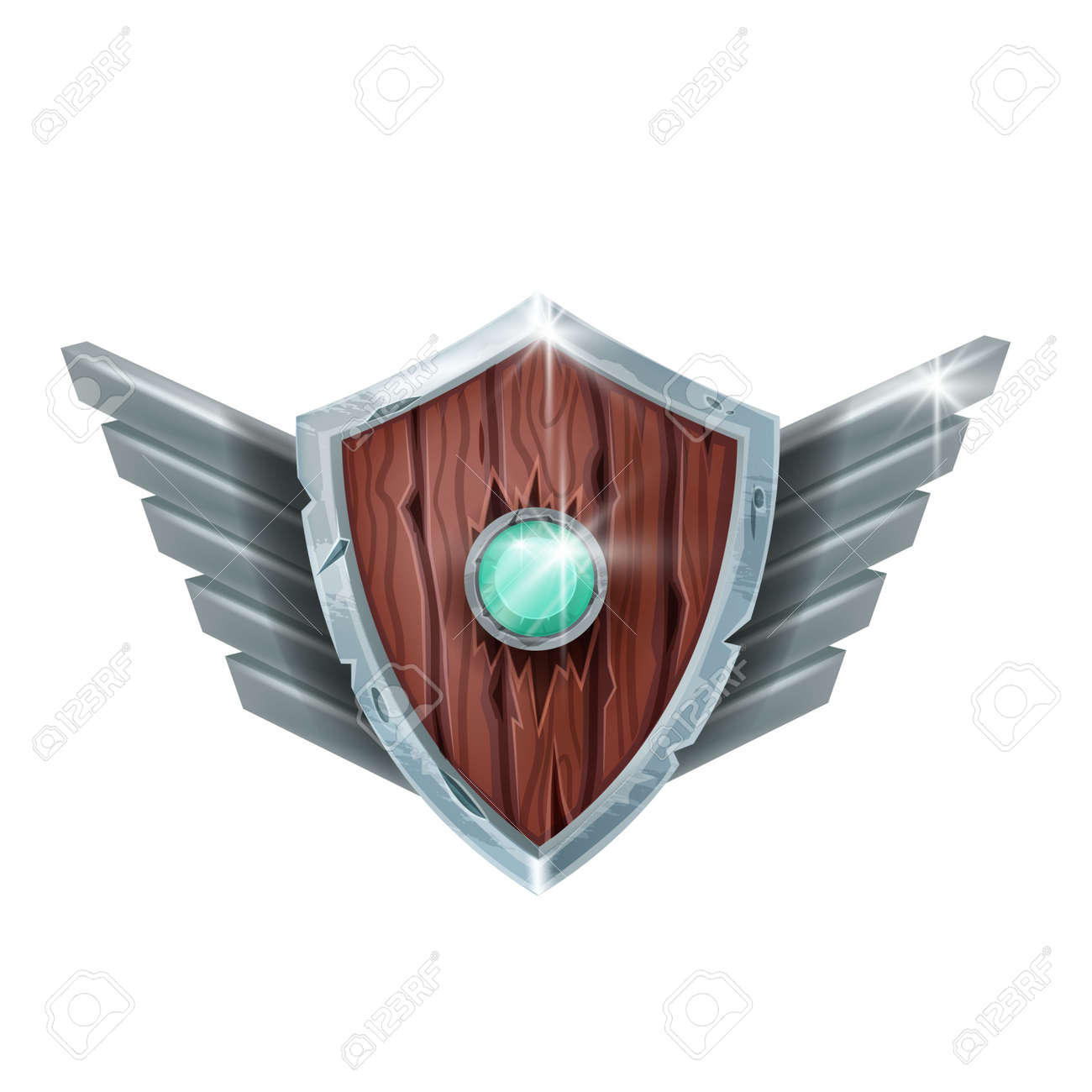 나무 방패 게임 배지, 벡터 레벨 업 랭크 메달, 화이트 중세 성취상. 판타지 RPG 우승자 축하 보상, 은색 날개, 녹색 보석.  바이킹 갑옷 게임 배지 아이콘 로열티 무료 사진, 그림, 이미지 그리고