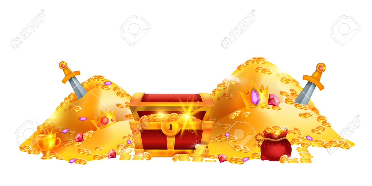 金の海賊の宝のベクトルイラスト、古い漫画の胸、お金のコインの山、王冠、赤いフルバッグ。冒険豊富なゲームクリップアート鉄の剣、宝石石の魔法の隠しケース。  RPGゴールドトレジャーのイラスト素材・ベクター Image 174616670