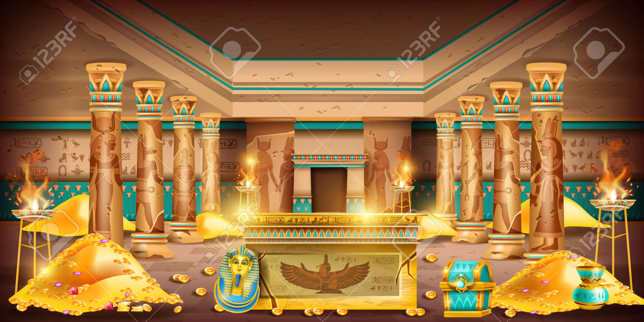 Fundo Do Jogo Do Túmulo Do Faraó Do Egito, Interior Do Templo Antigo, Sala  Do Tesouro Secreto, Pilha De Moedas De Ouro. Antigo Sarcófago Do Palácio Da  Civilização, Coluna De Pedra, Peito