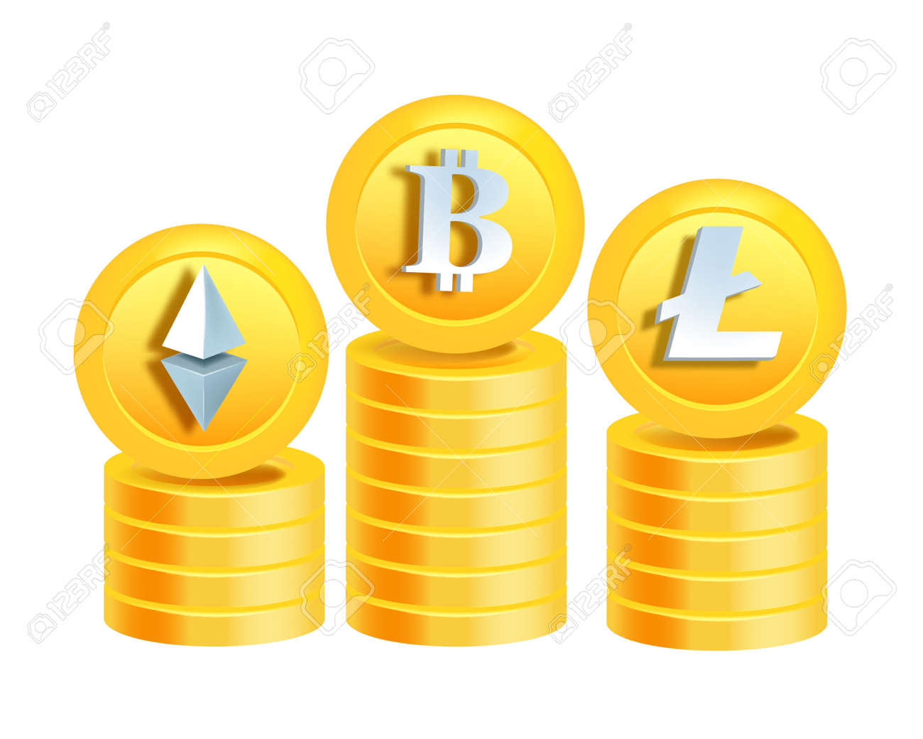 Bitcoin Crypto Currency Digital Money Concept, Vector Ethereum Golden Coin  Stack, Litecoin Sign On White. Blockchain Finance Business Illustration,  Internet Payment Online Transaction. Bitcoin Clipart Royalty Free SVG,  Cliparts, Vectors, and Stock