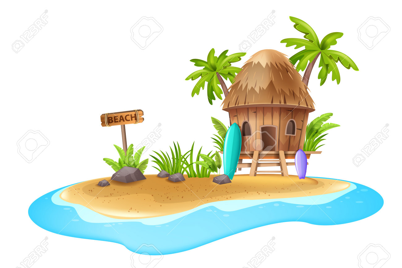 Tropical Island Vector Illustration, Palm Trees, Stranded Caribbean Beach  Hut, Sand Sea Shore, Stone. Comic Landscape View, Lost Ocean Land Summer  Vacation Paradise Concept. Cartoon Tropical Island Royalty Free SVG,  Cliparts, Vectors,, image size:1300x867