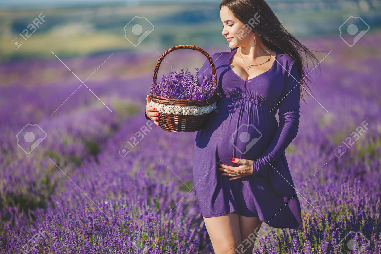 ラベンダーの花のバスケットとラベンダー畑で長い髪かなり妊娠中の女性 若いロマンチックな妊娠中の女性は 紫のラベンダー畑からいくつかのラベンダー をピックアップします ドレスを着て ラベンダーの花束 の写真素材 画像素材 Image
