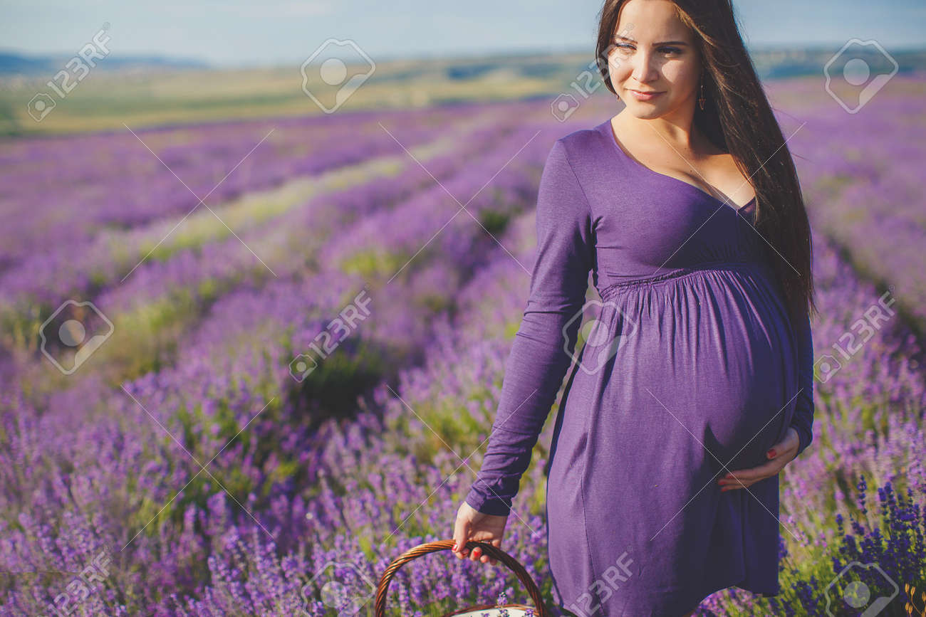 ラベンダーの花のバスケットとラベンダー畑の長い髪のかなり妊娠中の女性 若いロマンチックな妊娠中の女性は 紫色のラベンダー畑からいくつかラベンダー を選択します ドレスで ラベンダーの花束 の写真素材 画像素材 Image