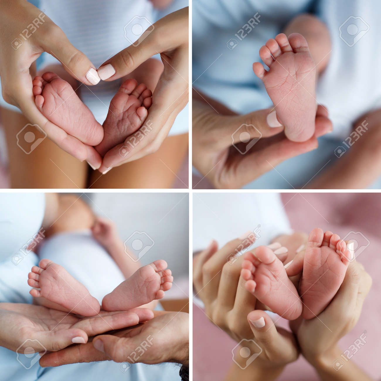 心 パパとママの手のひらで赤ちゃんの足の形をした母の手赤ちゃんの足 身体の部分 4 枚の写真のコラージュは 母の優しい手で生まれたばかりの赤ちゃんの素足します の写真素材 画像素材 Image