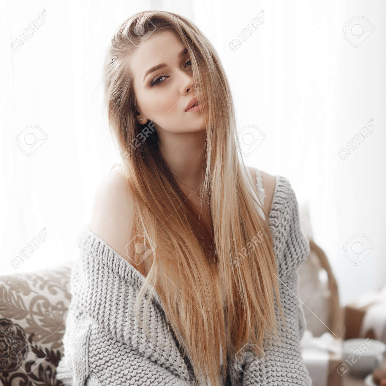 Incredibly Charming Woman With Beautiful Gray Eyes Blonde Lush