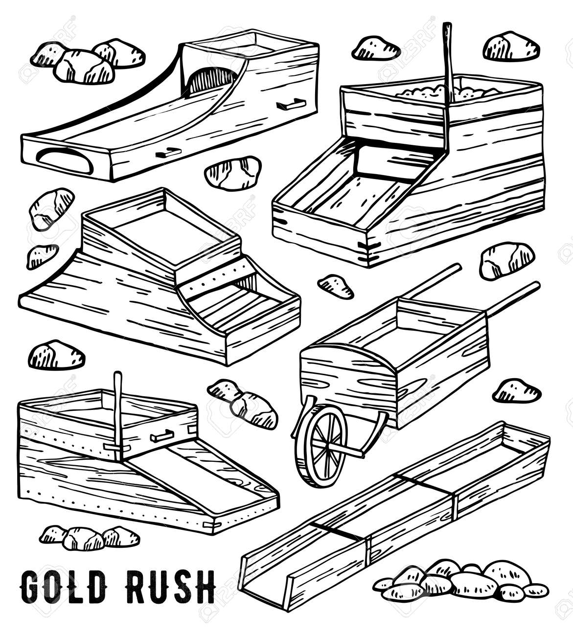 Different Rocker Boxes. California Gold Rush Vintage Outline Vector Graphic  Hand Drawn Set. Historical Gold Mining Tools Isolated On White Background  Фотография, картинки, изображения и сток-фотография без роялти. Image  126136918