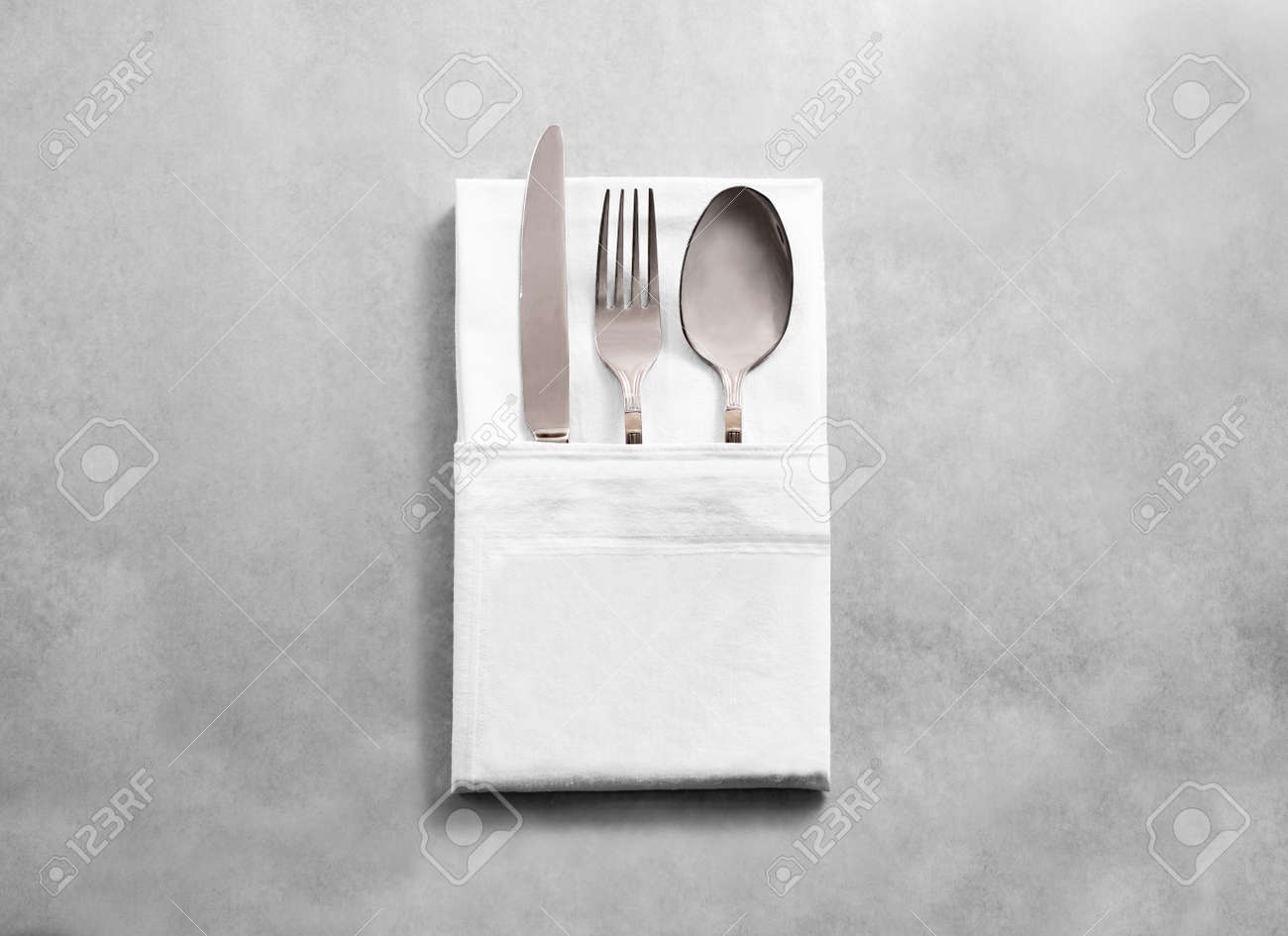 Download Blank White Restaurant Cloth Napkin Mockup With Silver Cutlery Set Isolated Stock Photo Picture And Royalty Free Image Image 59963198