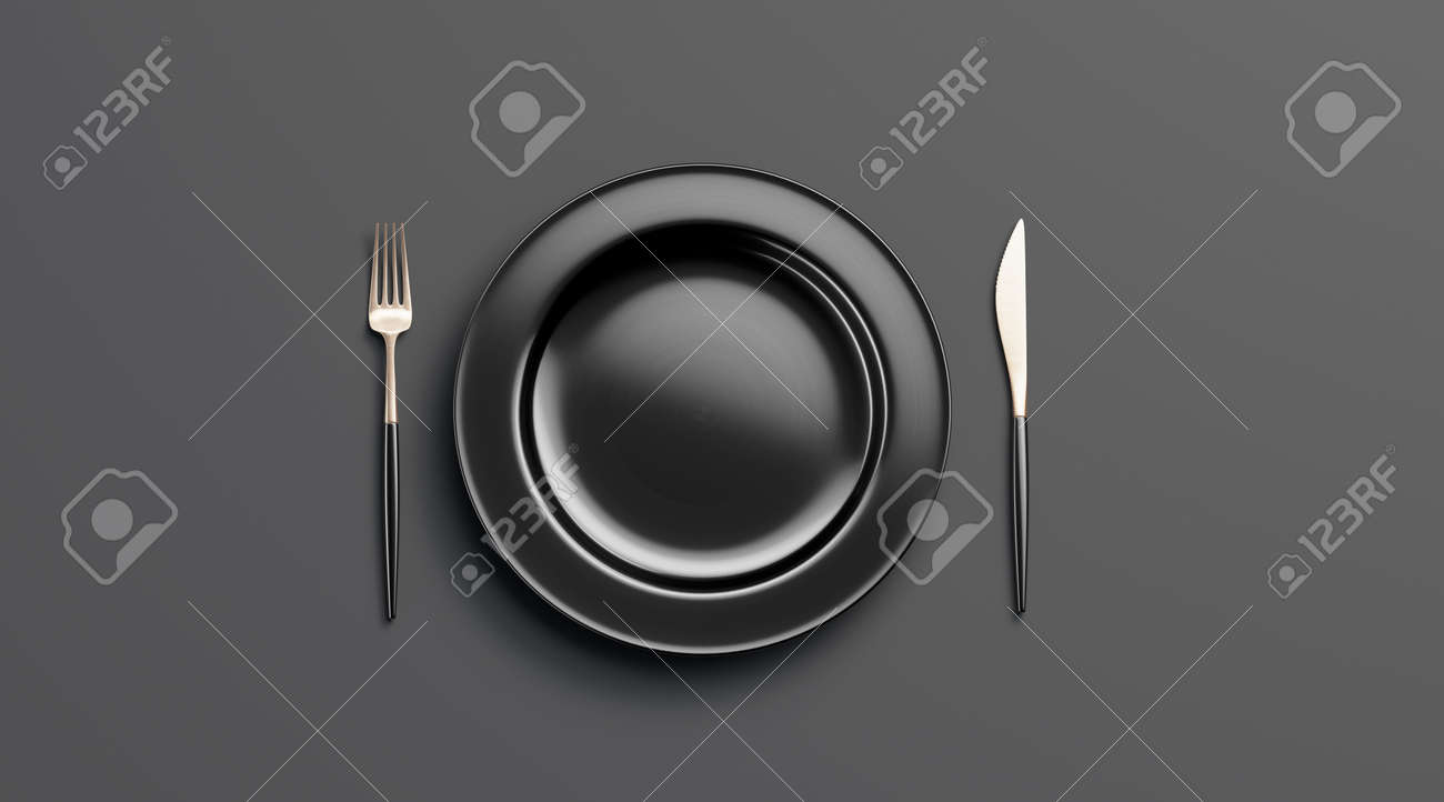 Download Blank Black Plate Mockup With Fork And Knife Top View Isolated Stock Photo Picture And Royalty Free Image Image 125211580