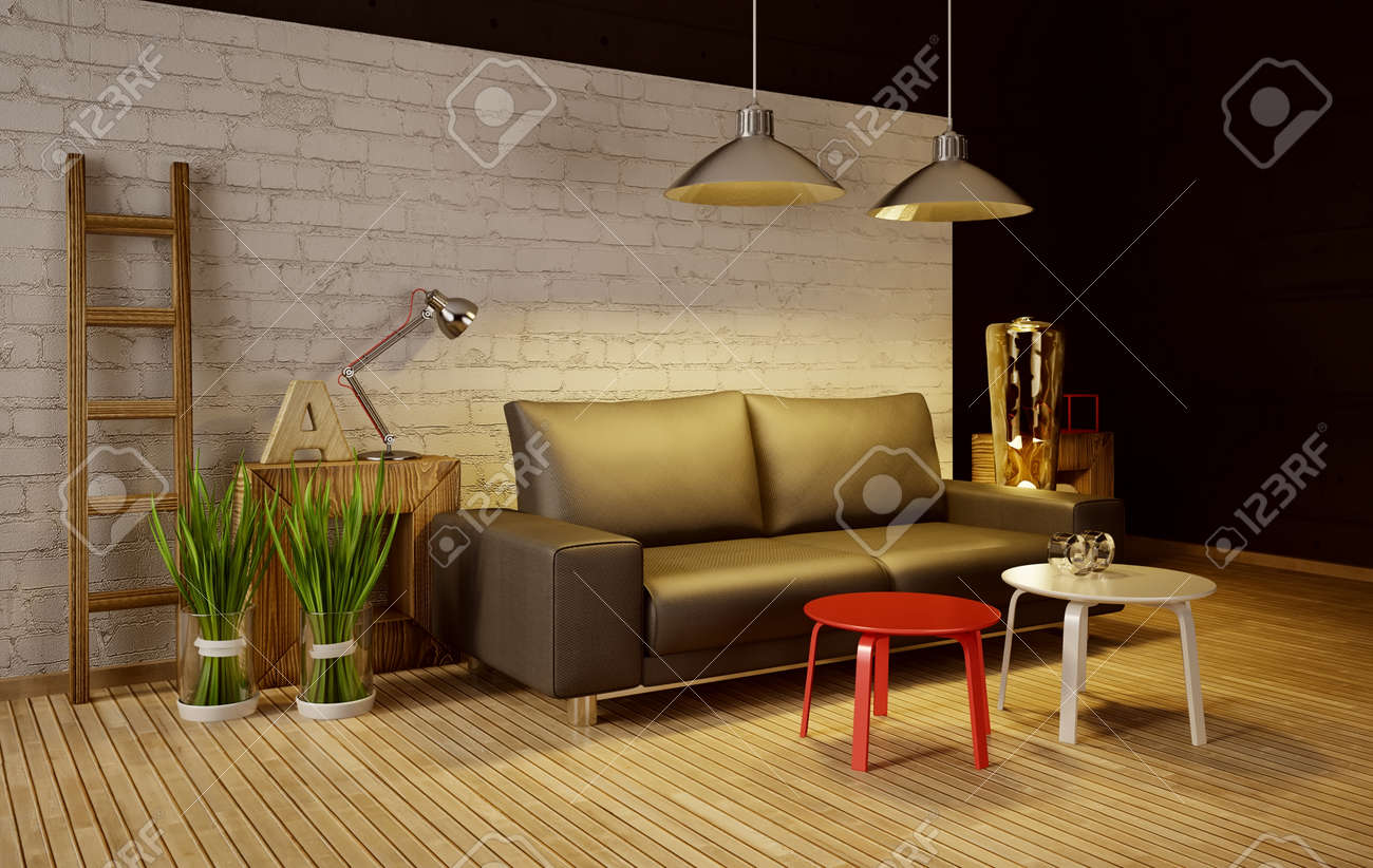 モダンな美しい家具を備えた 3 D イラスト インテリア ルーム の写真素材 画像素材 Image