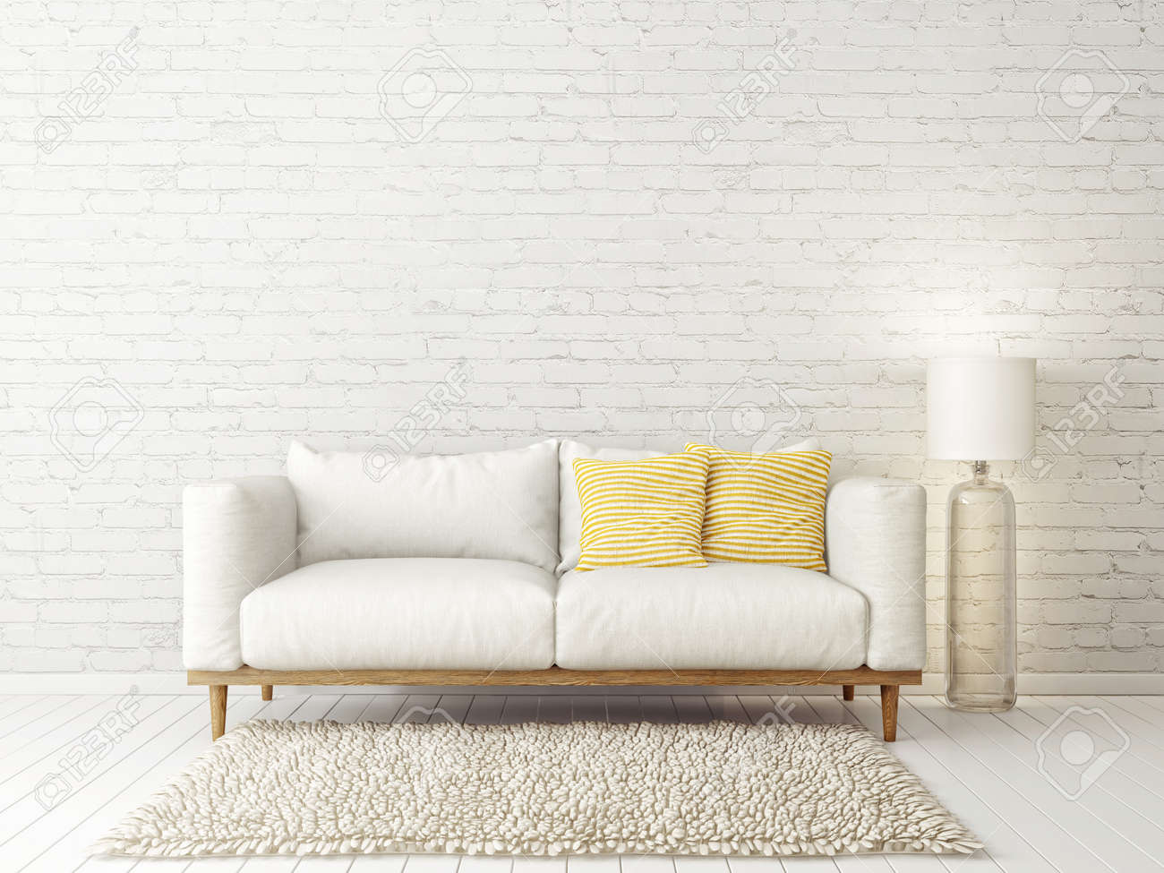 白いソファとランプのモダンなリビング ルーム 北欧のインテリア デザインの家具 3 D レンダリング図 の写真素材 画像素材 Image