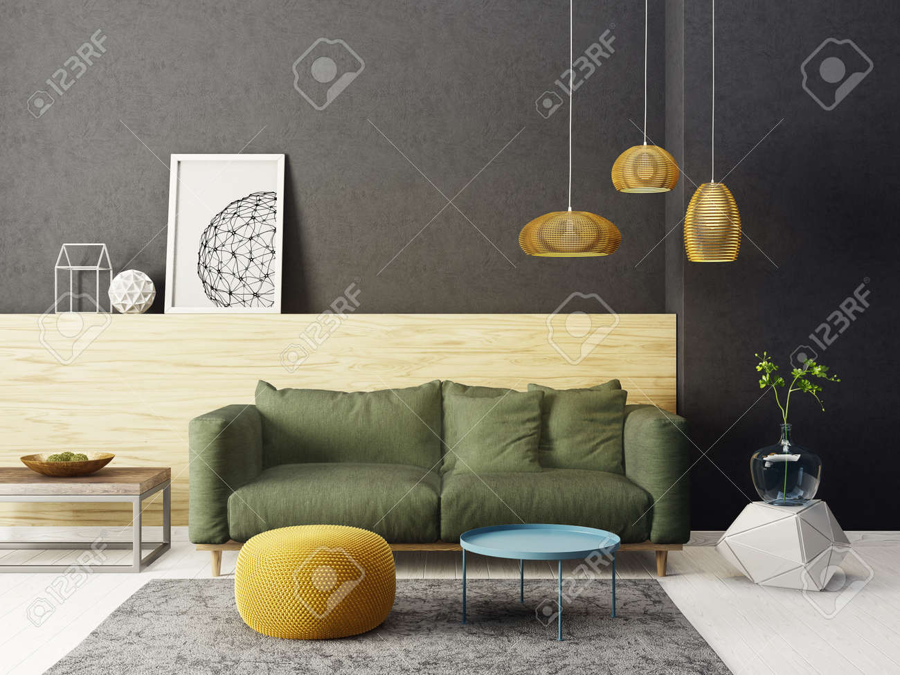 modernes wohnzimmer mit grünem sofa und lampe. skandinavische  innenarchitekturmöbel. 3d render illustration