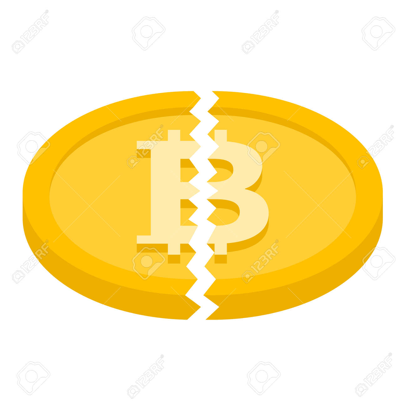 비트코인 반감기. 금이 간 비트코인. 블록 보상이 2배로 줄어듭니다. 아이소메트릭 스타일의 그림입니다. 벡터 격리 된 그림 로열티 무료  사진, 그림, 이미지 그리고 스톡포토그래피. Image 149234346